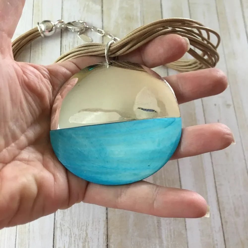 Vintage St. Thomas Blue Shell Disc Cord Statement Necklace